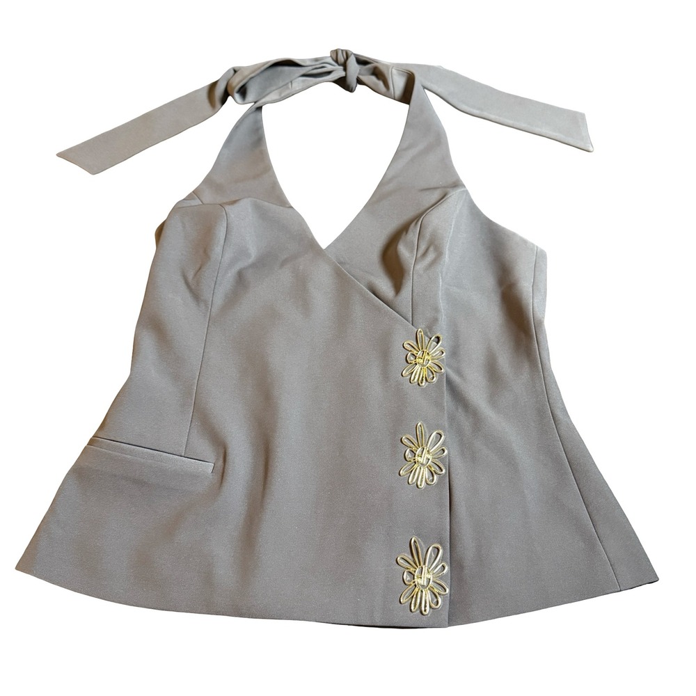 The Wolf Gang Inka Vest Top Women S Ash Grey Halter Gold Daisy Buttons Blouse